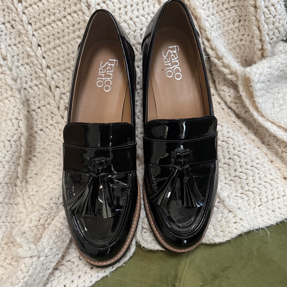 Franco Sarto Shiny Black Tassel Loafers 9